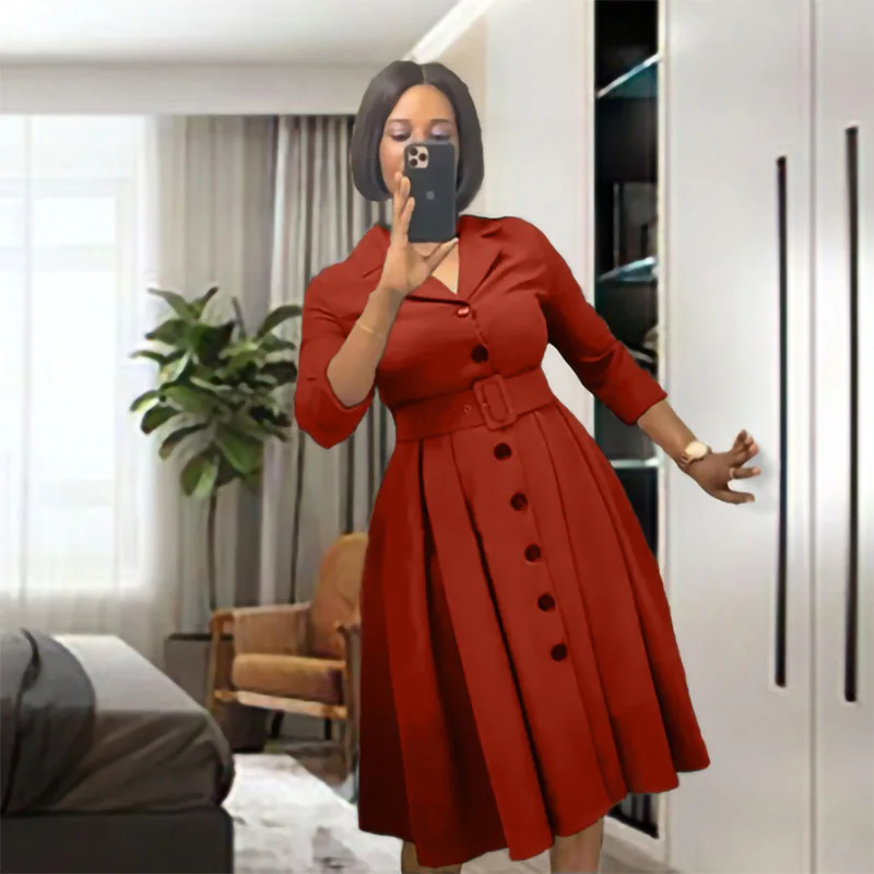 African A-line Long Dress Solid Turndown Collar Pleated High Waist Blazer dresses women lady elegant Suit Career Dress