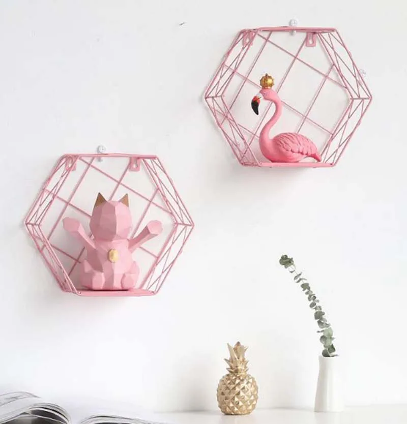 
Decoration Storage Rack Background Home Wall ShelfNordic Pink Racks Wrought Iron Hexagon Grid Wall Racks Girl Room Decor 1PC 