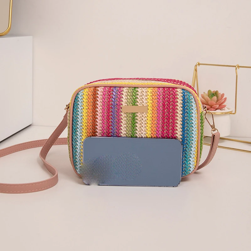New 2024 Trendy Woven Bag Summer Women Bag Vertical Pattern Colorful Ethnic Style Grass Fabric Camera Bag