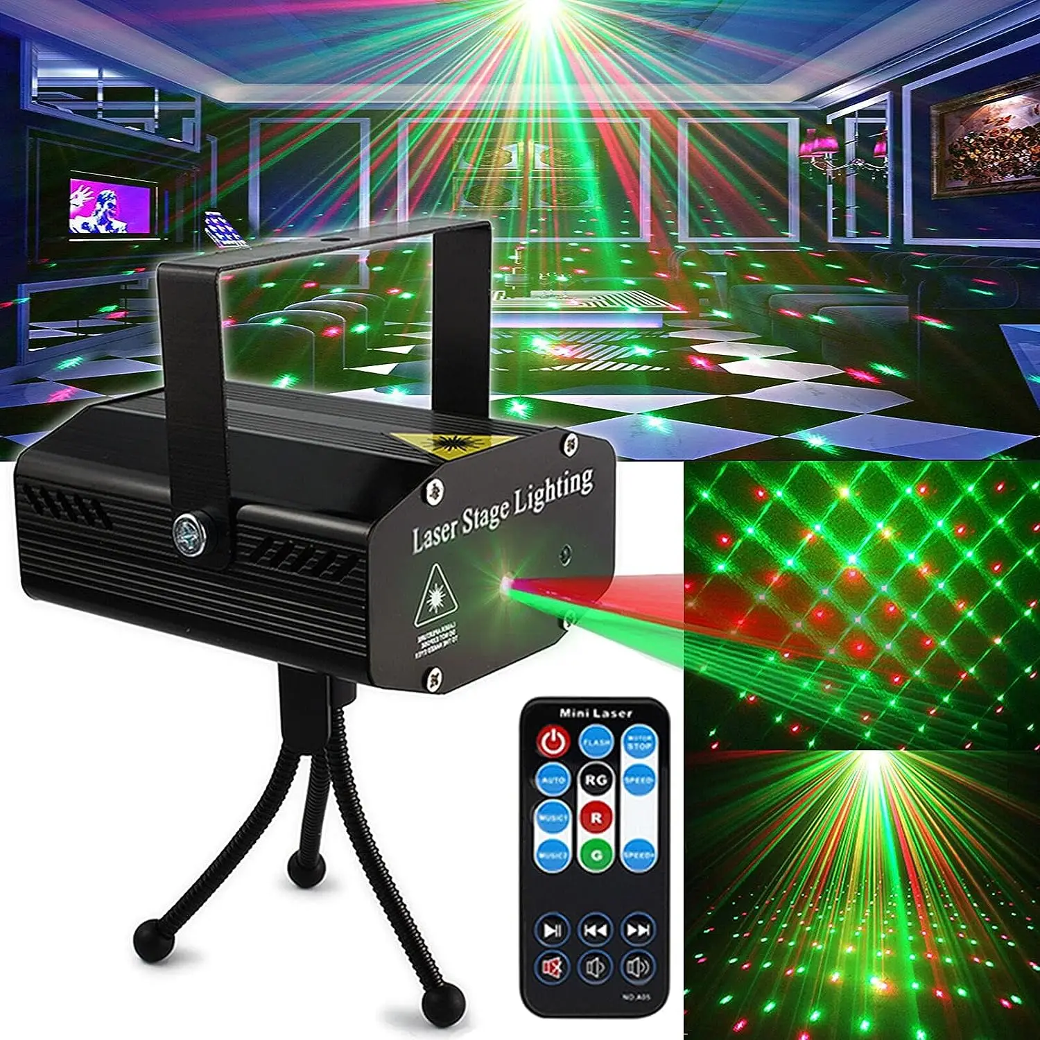 2 IN 1 Disco DJ Lights Strobe Rave Stage Light Projector Sound Activated Remote Control For Parties Show Bar Club Birthday