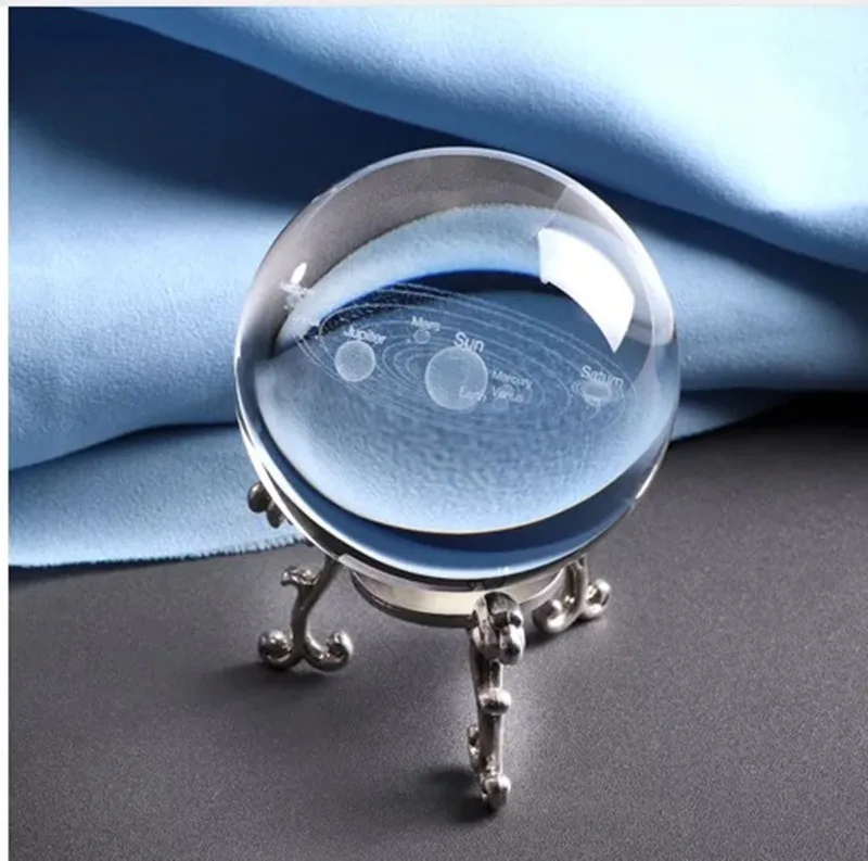 60mm Cheap Decorative Award Good Design Hot Sell 3D Laser Engrave Solar System Galaxy universe Crystal glass Ball With Base
