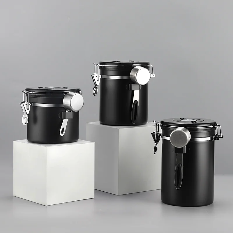 Custom Logo Silver Black Large Coffee Canister S M L Airtight With Scoop Date Tracking CO2 Valve Coffee Bean Storage Container