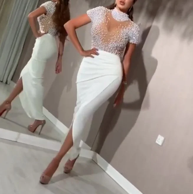 H & D Women Fashion Sexy Dress Open Hairpin Round Neck Tulle Beaded Short Sleeve Women Evening Party Dress