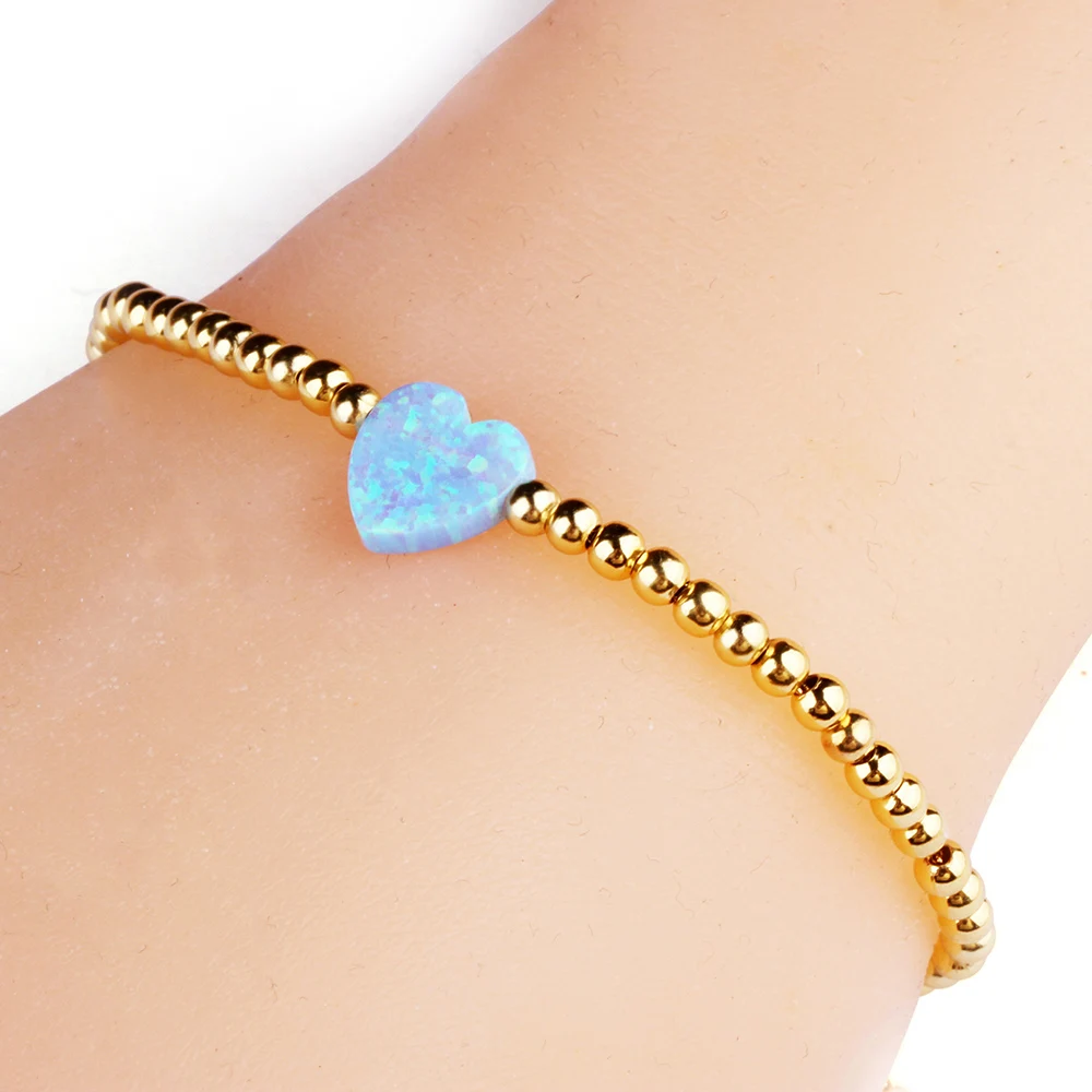 Zhengyong Jewelry 925 Sterling Silver 3mm Gold Plated Silver Bead Heart Opal Bracelet