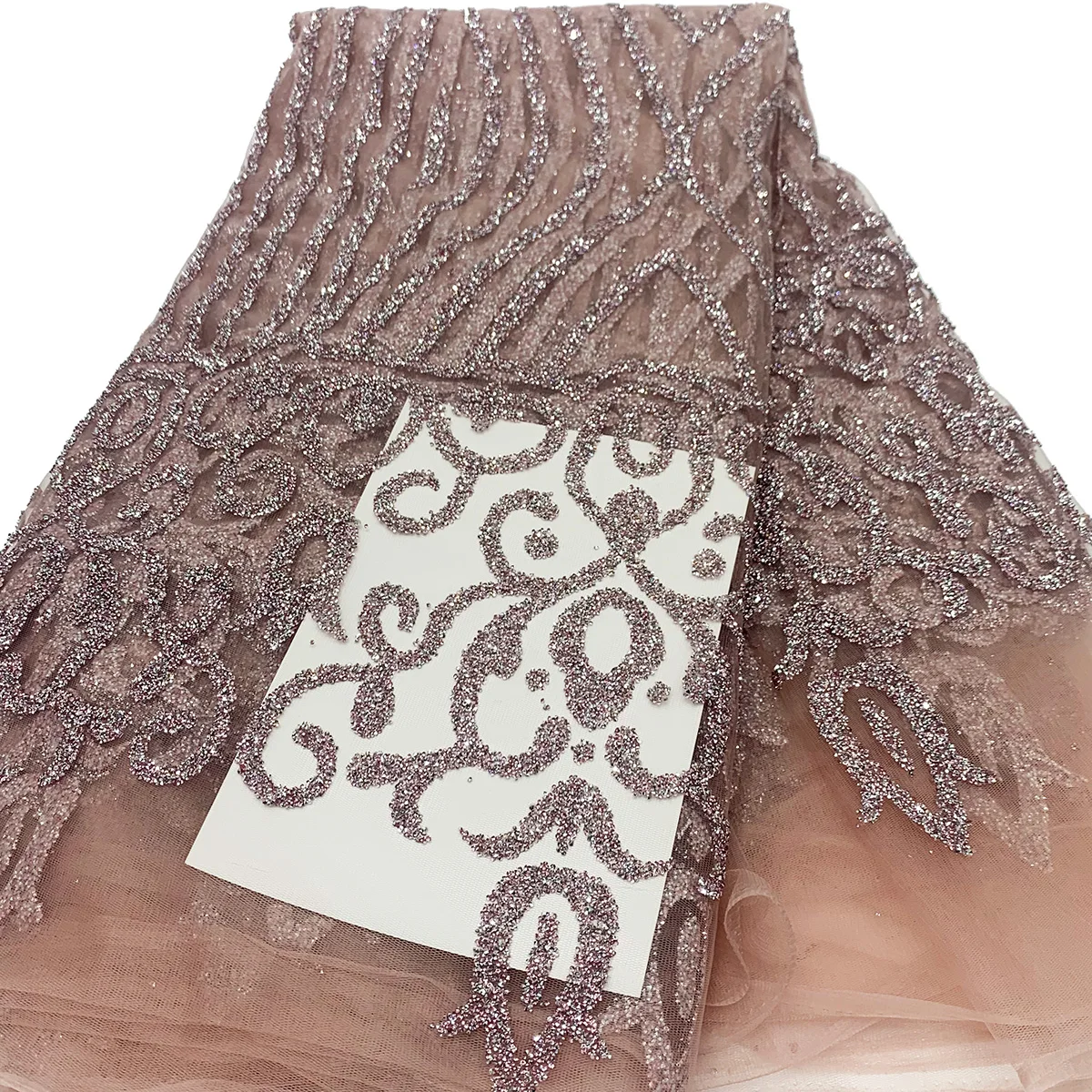 French Shining Rose Gold Diamond Net Lace Fabric With Rhinestones Fashion Florals Wedding Gown Glitter Crystal Party Dress Tulle