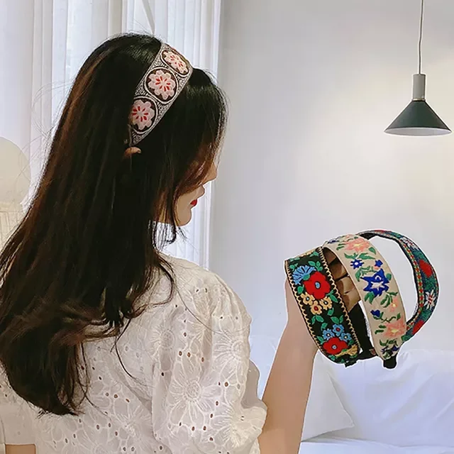  Bezel Headbands Girls Hair Accessories For Women Flower Printing Ethnic Hoop Vintage Embroidery