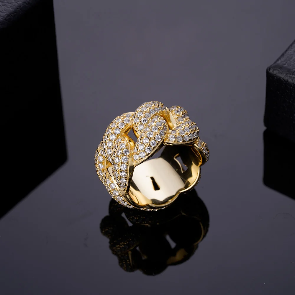 Fine Jewelry Hip Hop 14k Gold Plated 925 Sterling Silver CZ Iced Out Cuban Band Finger Ring