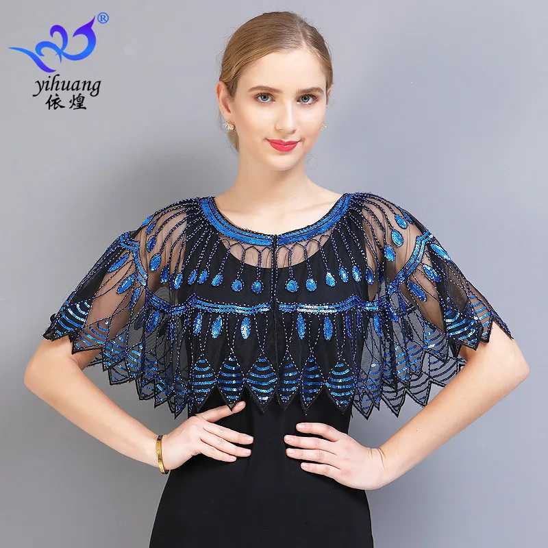women   short sequin mesh  bolero  lady blue white red white sequin wedding party  cloak  dance shawl