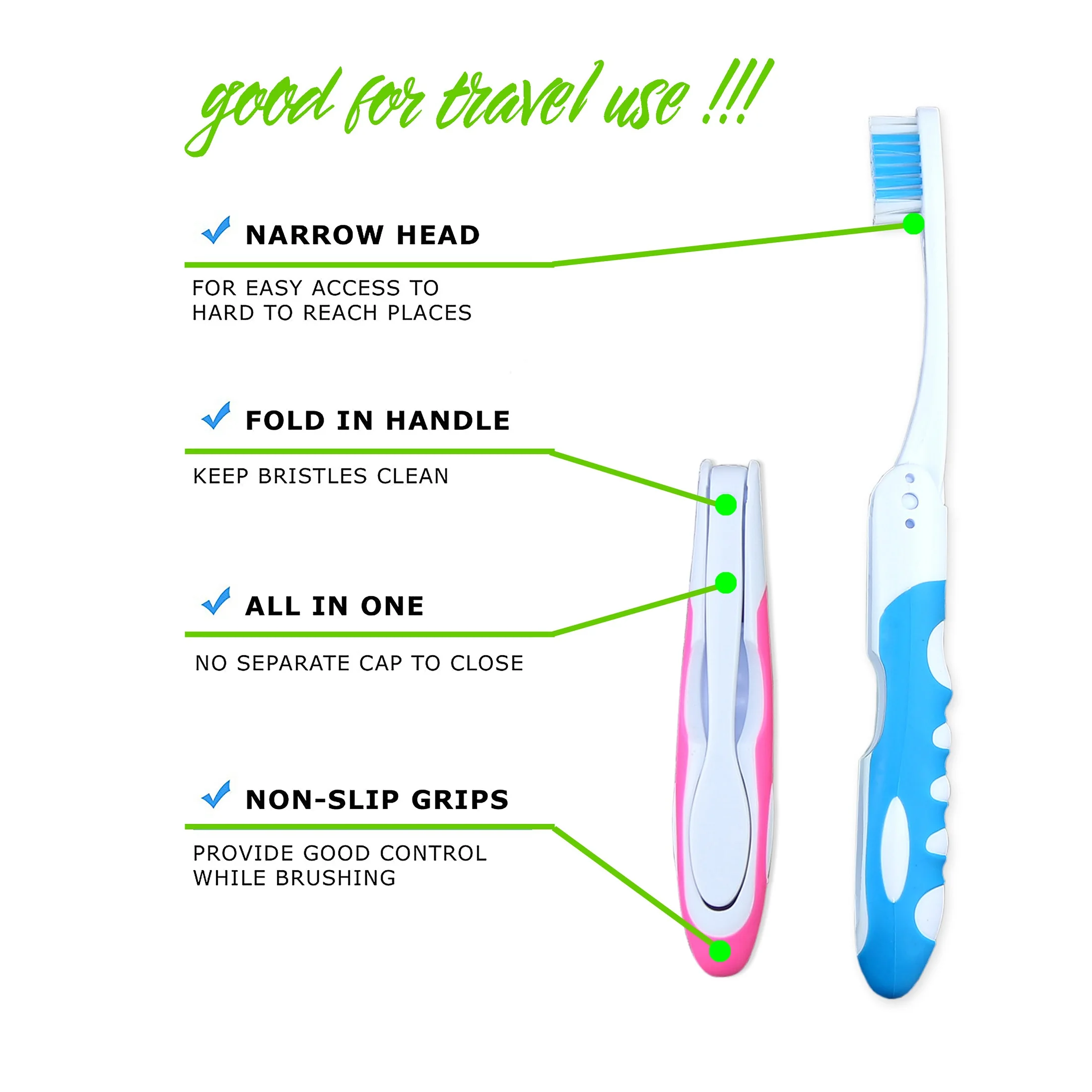 Portable Folding Travel Toothbrush for adult with Nylon 610 medium soft bristles 2pack BPA free for wholesale