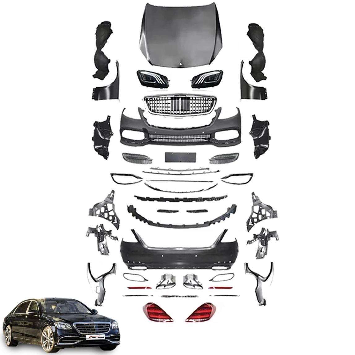 Refit front bumper rear bumper with Headlight Taillight For Mercedes Benz S W221 2007 2008 2009 2010 2011 2012 to W222 Maybach