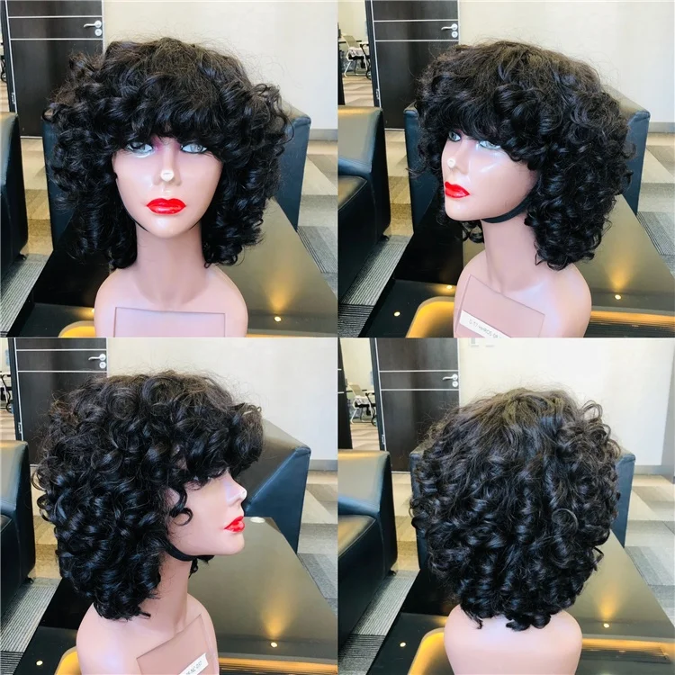 Virgin Brazilian Rose Curly Wig with Bangs Spicy Golden Brown Human Hair Full Machine Deep Wave Short Bob Wigs for Black Women