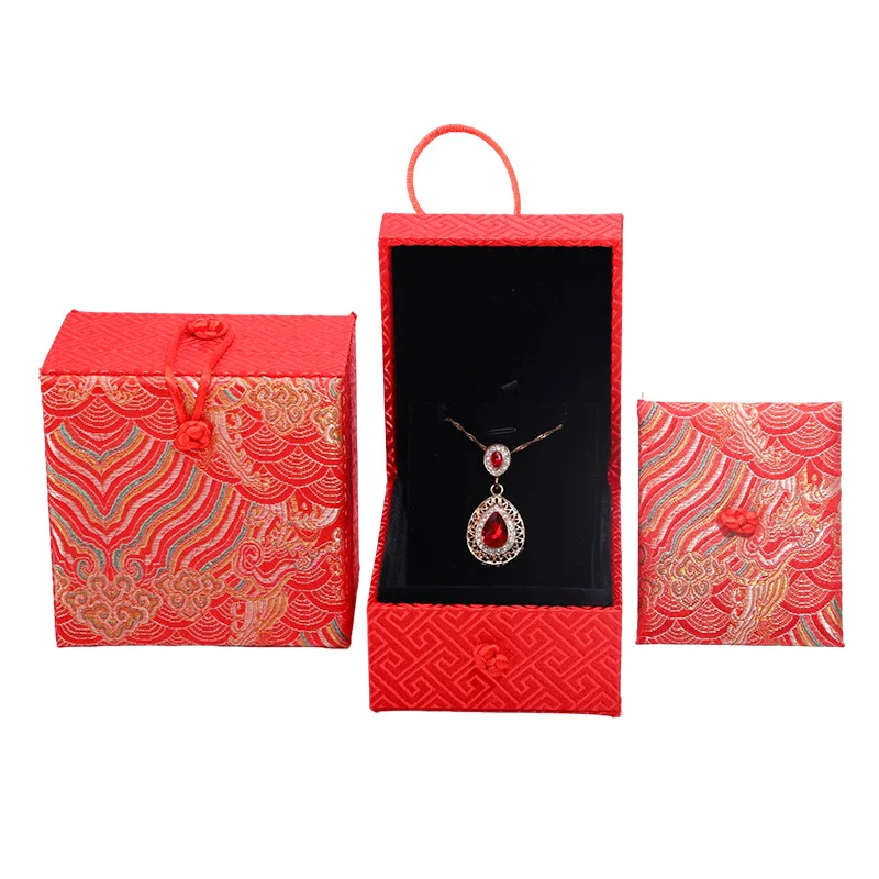 Hanhong custom luxury red satin cloth jewelry packaging box Chinese style ring jewelry box