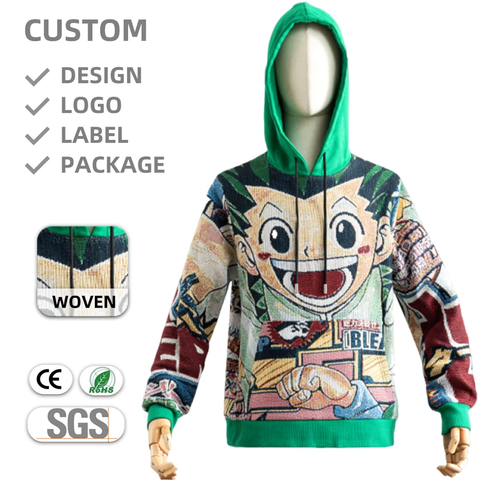 1 Pc MOQ Custom Anime Jacquard Tapestry Hoodie Jacket Pulsed Style Loose Fit Comfortable Hooded Direct Clothing Manufacturer