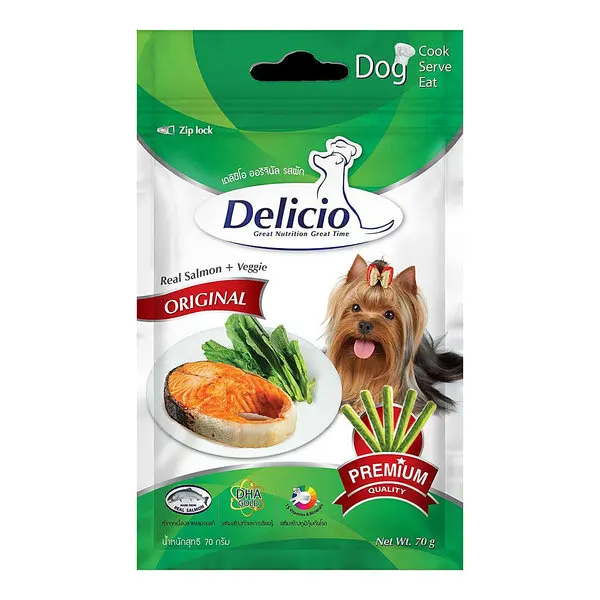 Delicio Dog training treats made with REAL SALMON and VEGGIES plus DHA and 15 Vitmamins & Minerals for BRAIN DEVELOPMENT
