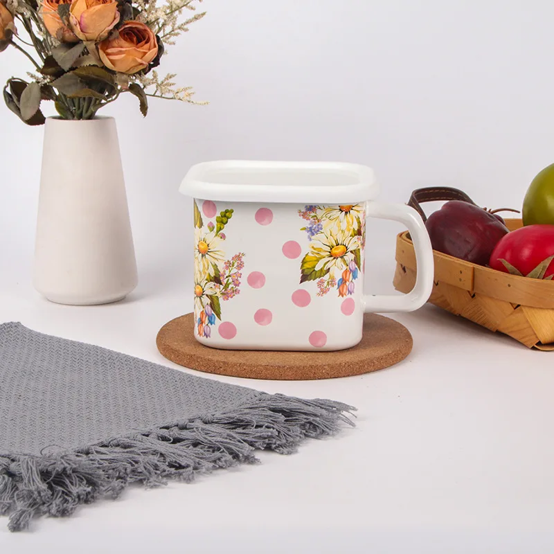 Factory Wholesale Custom Logo 14cm metal crisper storage container food grade Square enamel mug with handle lid