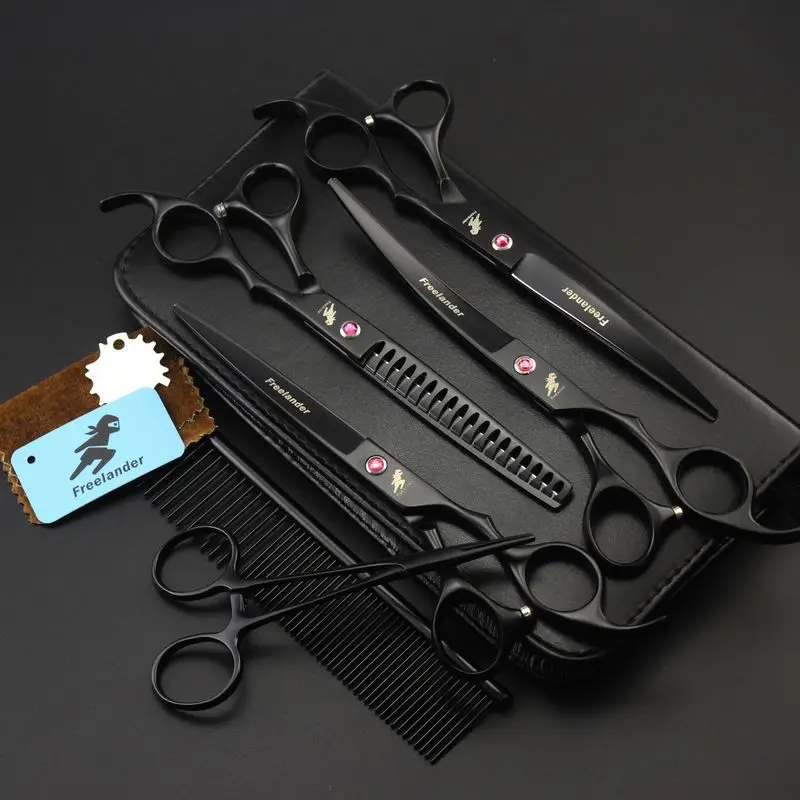 Free shipping freelander 7.0 inch black Baking varnish stainless steel 4 pcs hair scissors kit