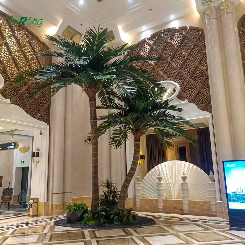 Custom Indoor Fake Large 5m-8m 6ft-15ft Palm Tropical Ornamental Plastic Fiberglass Big Artificial Palm Coconut Tree For Hotel