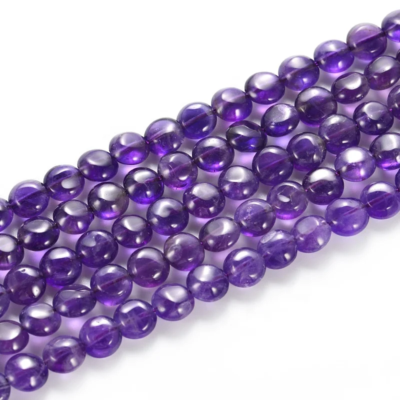 A Grade High Quality Semi- Precious Flat Puffy Round Healing Gem Stone Bead Natural Crystal Amethyst Beads For Jewelry Making