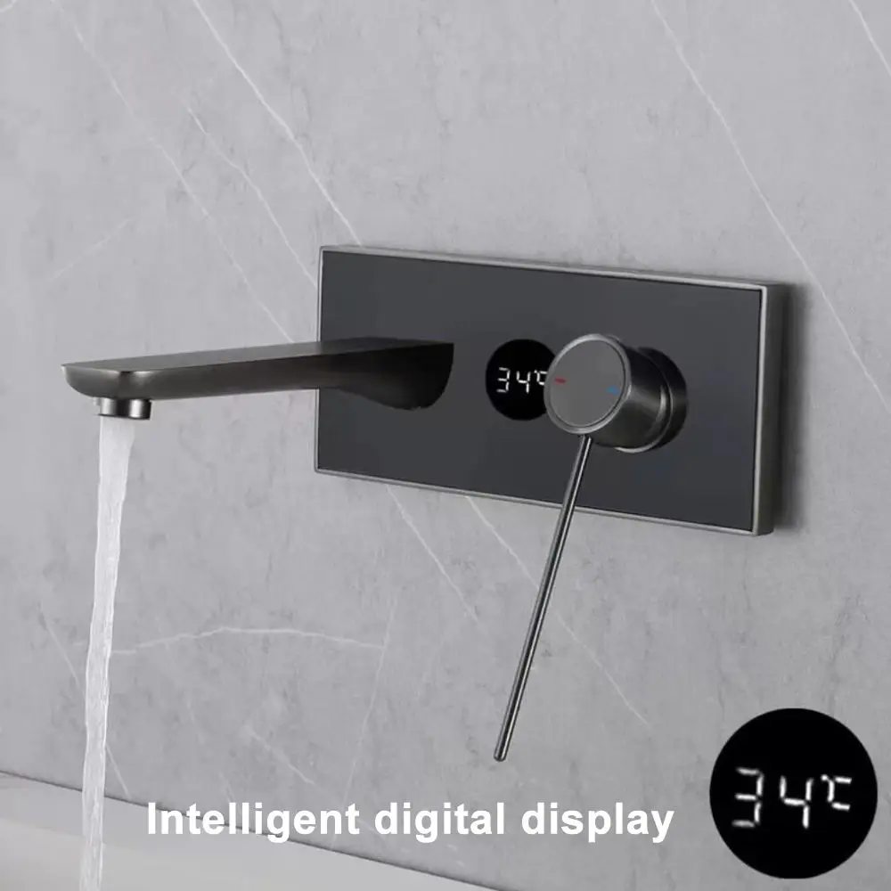 Black Digital Display LED Temperature Faucet wall mounted Brass Basin Faucet Single Handle Sink Tap