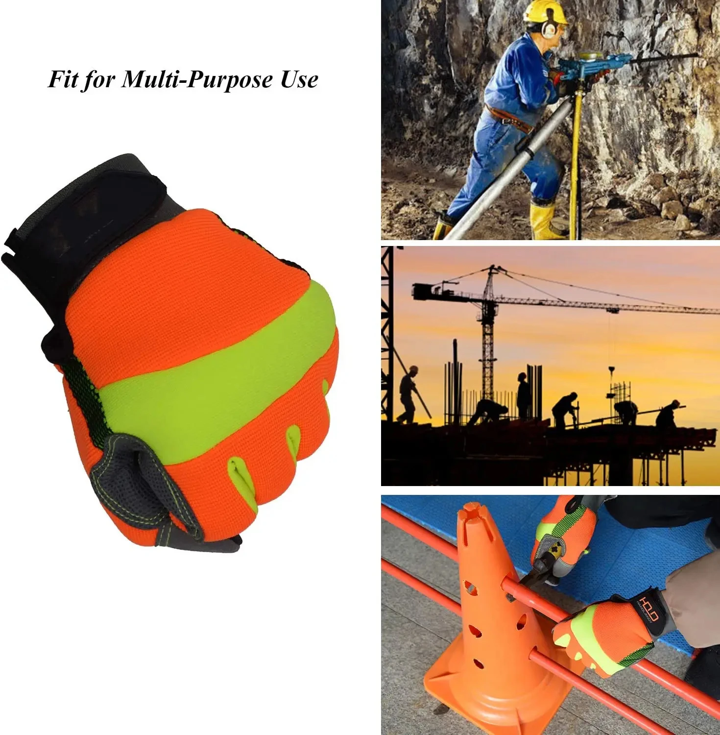 High Visibility Fluorescent Cheap Elastic Synthetic Leather Microfiber Touch Screen Impact Mechanic Gardening Safety Work Gloves