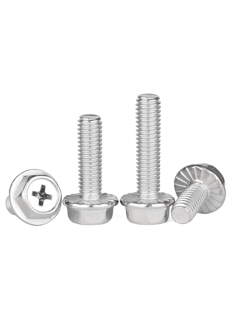 304 Stainless Steel M3 Titanium Screw Cross Groove Flange Pad Gear Anti-Skid Bolt Nail Outer Hexagon M4M5M6M8mm Metric DIN