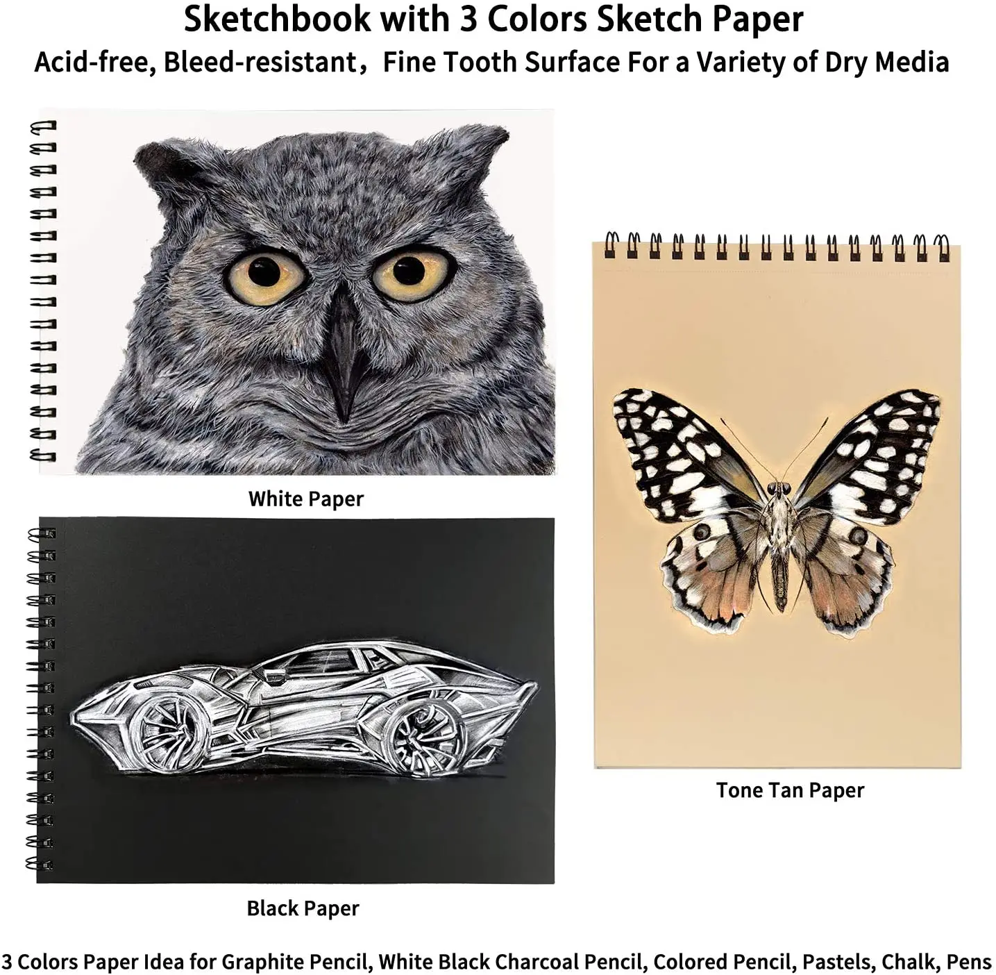 Professional 40 Pieces Sketching Supplies with 3-Color Sketchbook, Graphite Charcoal Pencils, Artist Kit for Adults Teens