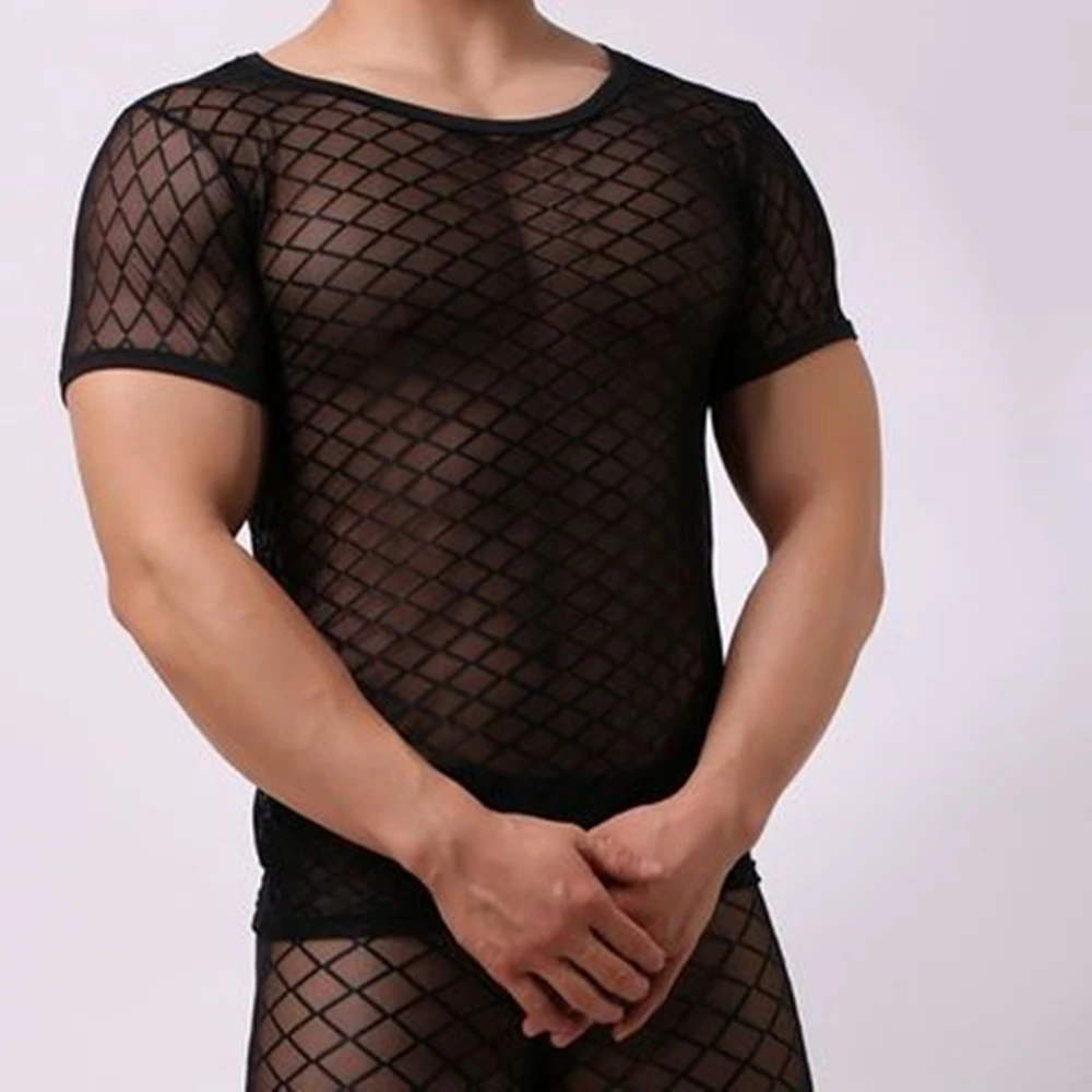 JSMANA Club Wear Transparent Mesh T Shirts Erotic Undershirts Sissy Men Wearing Lingerie Mens Underwear Sexy Gay Underwear