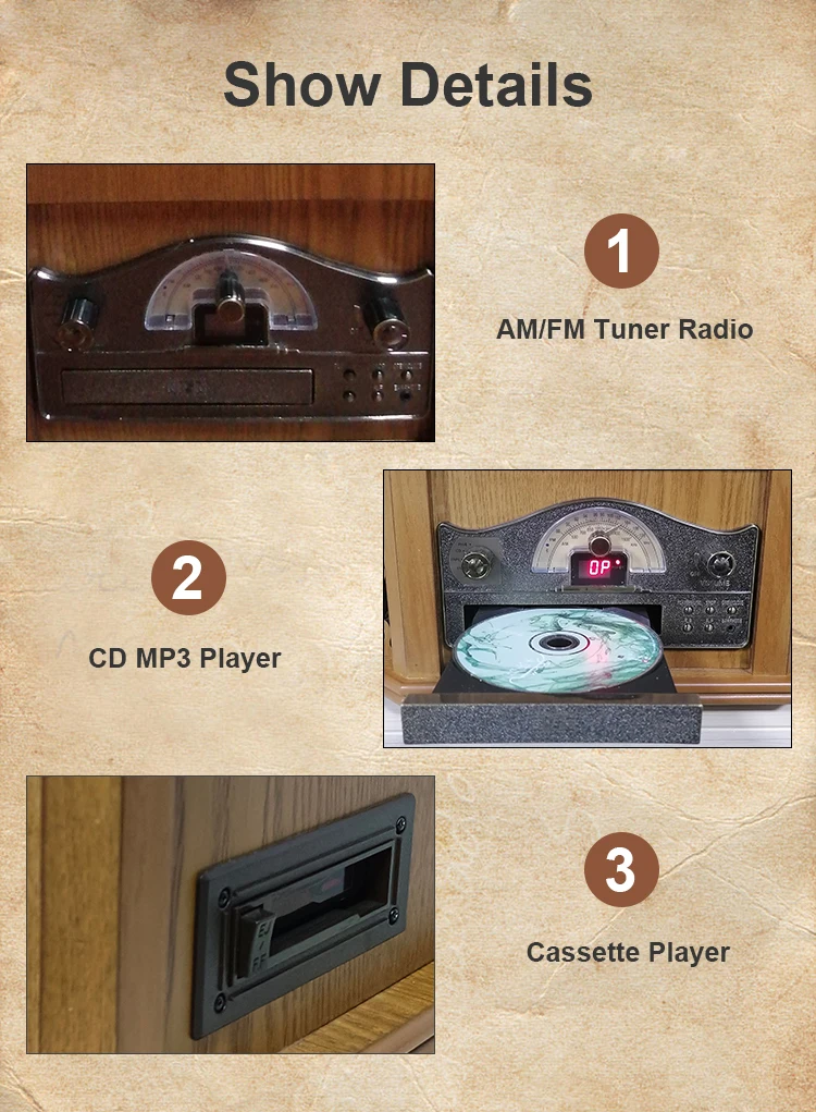 Belt-driven 3-Speed Wooden All-in-one CD/USB/Cassette/BT LP Turntable Vinyl Record Radio Player