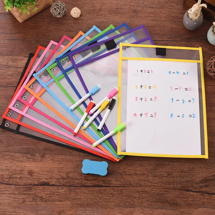Colored Children Writing Drawing Transparent PVC Easy Wiped Reusable Dry Erase Pockets Sleeves