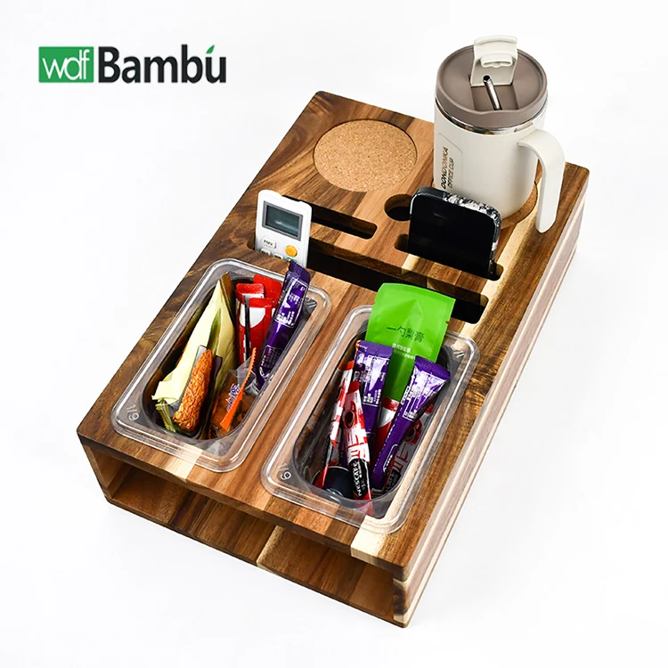 WDF Customized Logo couch console cup holder couch cup holder tray snack tray  bamboo couch cup holder tray for houseware