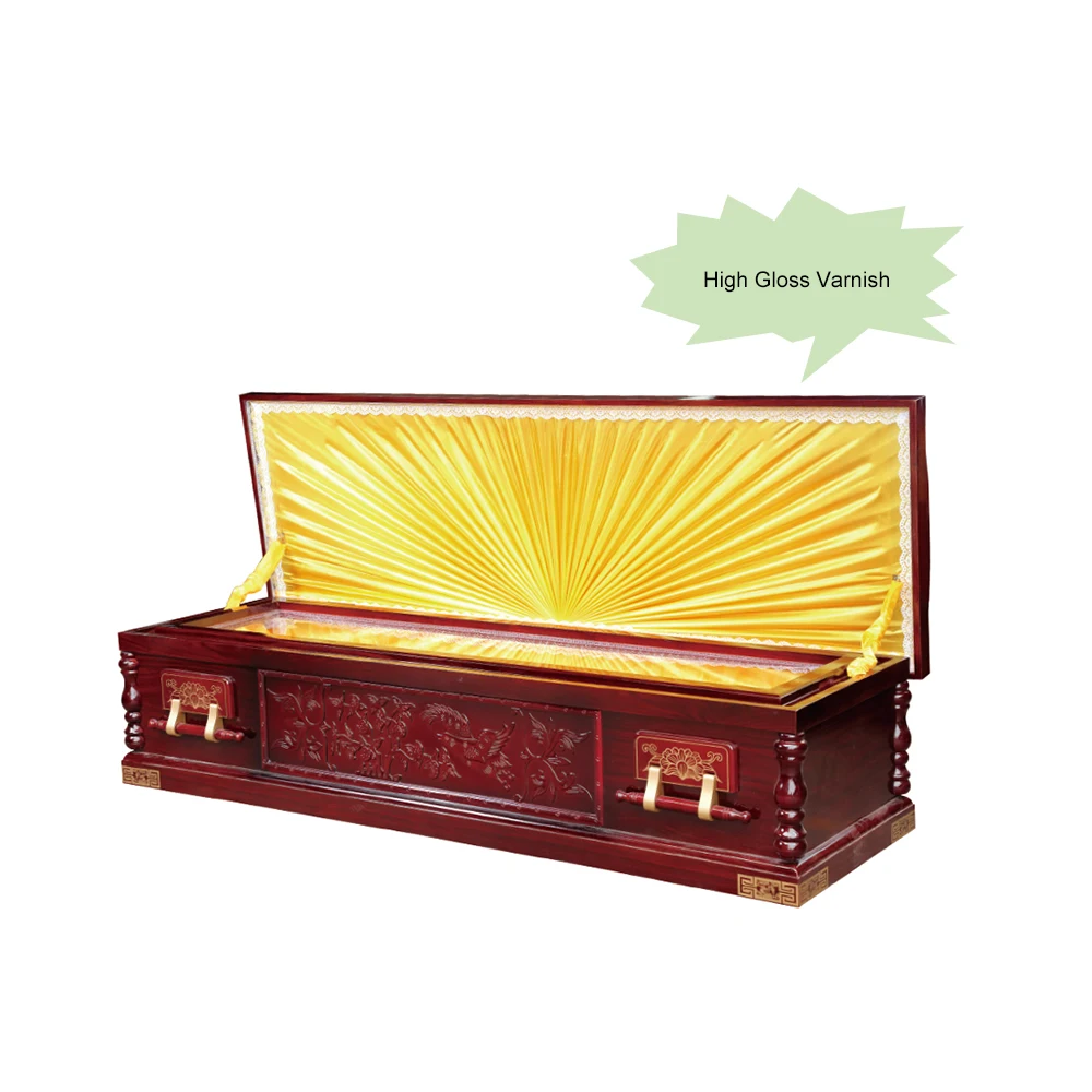 High Gloss Varnish Crane Carving Wood Coffin With Locks