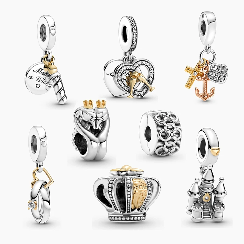 925 Sterling Silver Two-Tone Happy Anniversary Pendants Heart Regal Crown Birthday Candle Castle Dangle Charms
