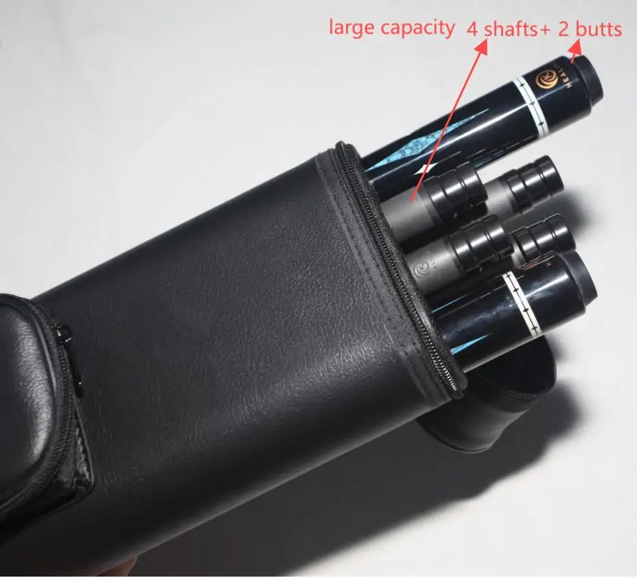 OKHEALING stock ready 6 HOLES pool cue case for 1/2 billiard cue BAG PU 4PCS SHAFT+2PCS BUTT black with two small extension bag