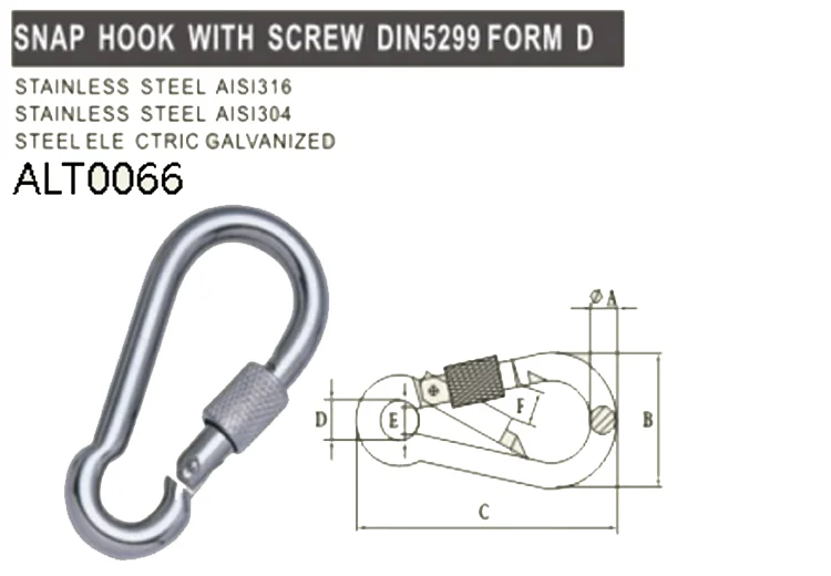 high quality 6*60mm Ailot High Polished Surface SS304 Screw DIN5299 FORM D Snap Hook