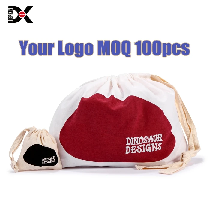 Custom Printed Logo White Canvas Pouch Bag Personalised Cotton Fabric Canvas Drawstring Pouch For Cosmetic Clothing Packaging