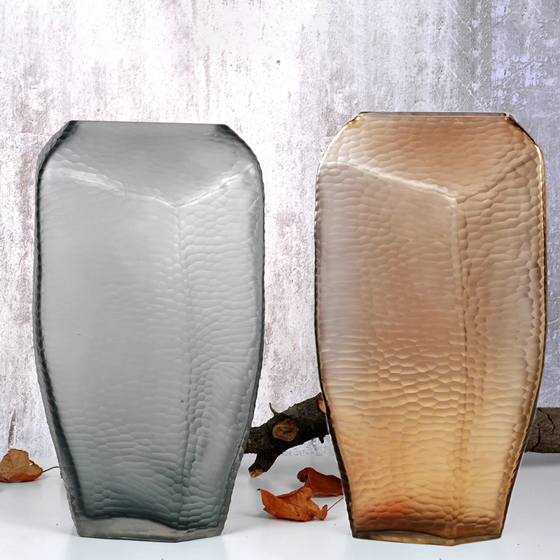 European Style Simple Cut Mouth Frosted Grey Hand Carved Glass Vase Creative Home Decoration Vase