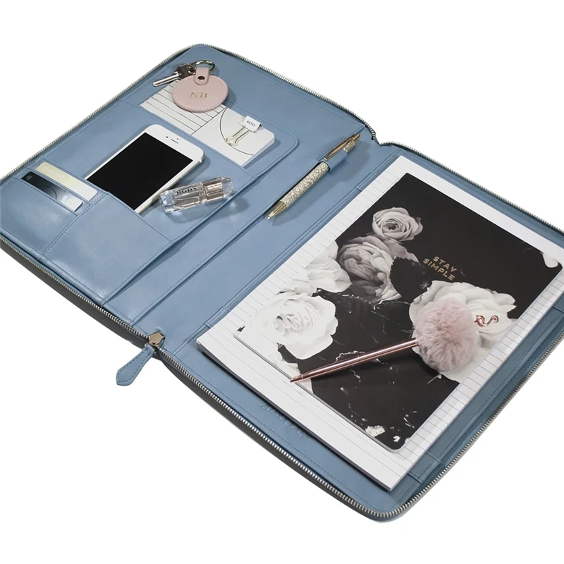 China Gold Supplier Multiple Storage Options A4 Vegan Leather Antique Blue compendium laptop