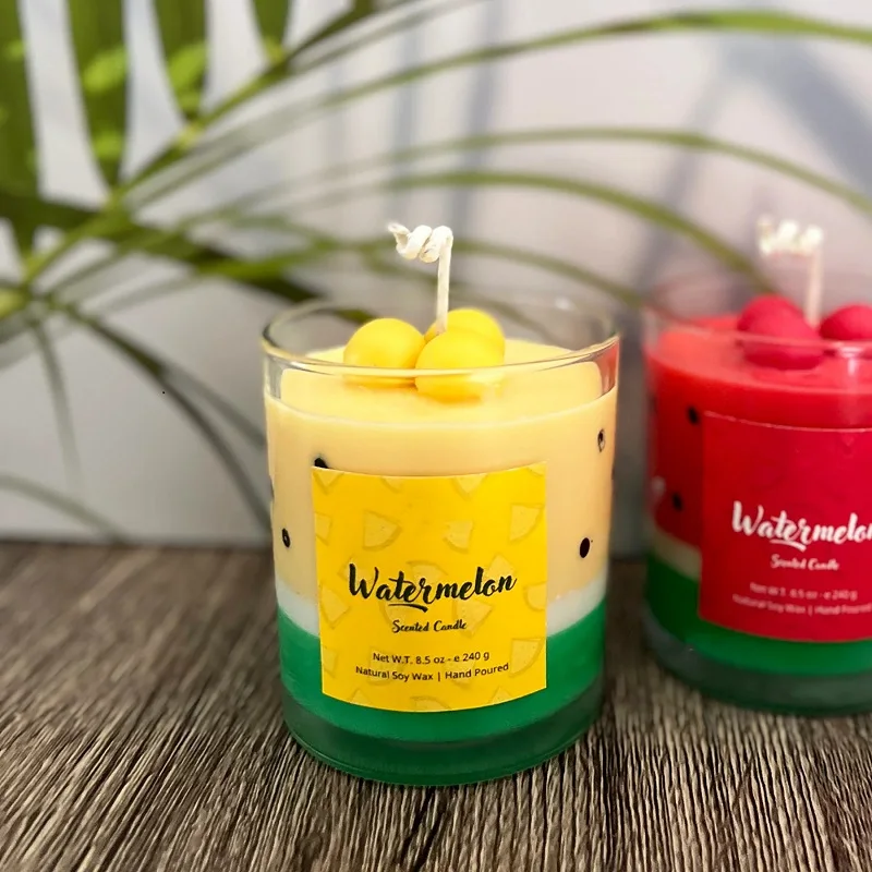 Huaming Wholesale DIY Handmade All Natural Soy Wax Scented Layered Candles Private Label Color Juicy Watermelon Scented Candle