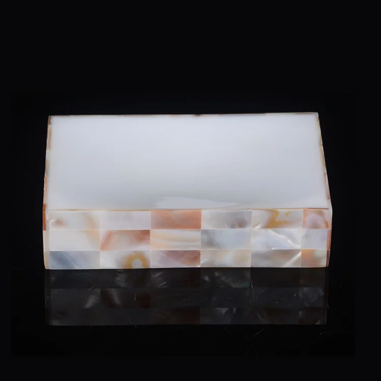 Custom logo luxury high end square  white MOP sea shell tissue box with stainless steel lid for gift spa hotel villa department