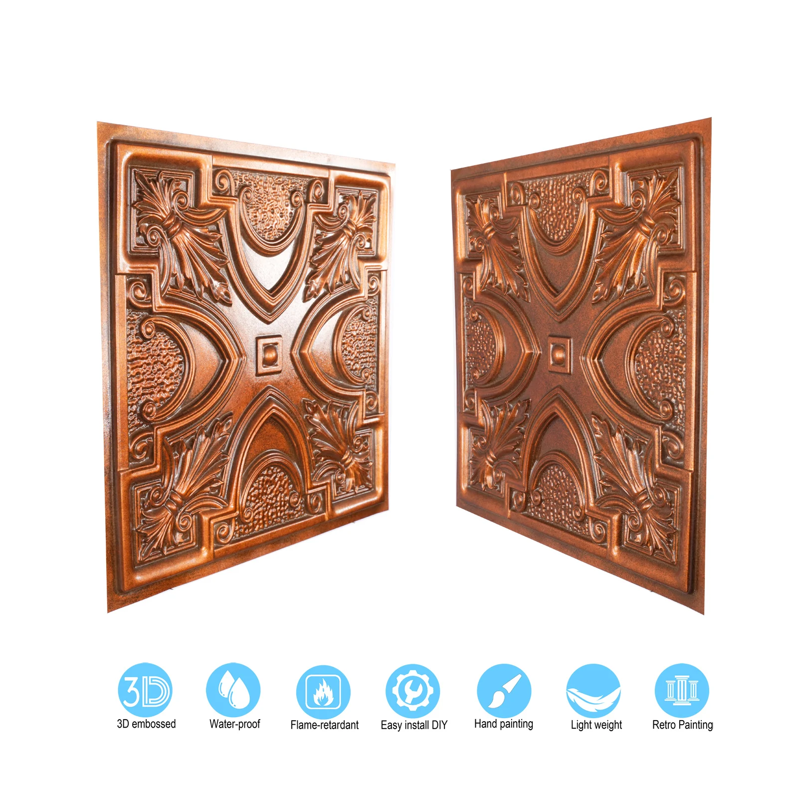 Vintage Ceiling Tin Tiles 3D Embossed Wall Board Drop in Ceiling Panels PL11 Archaic Copper