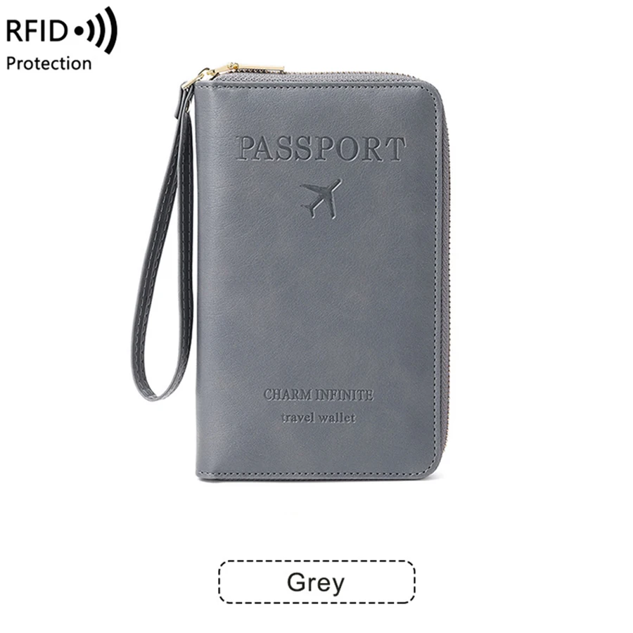 Grey PU leather Soft Waterproof Passport Wallet Cover Case Travel Essentials Document Organizer With a CDC Vaccine Card Holder