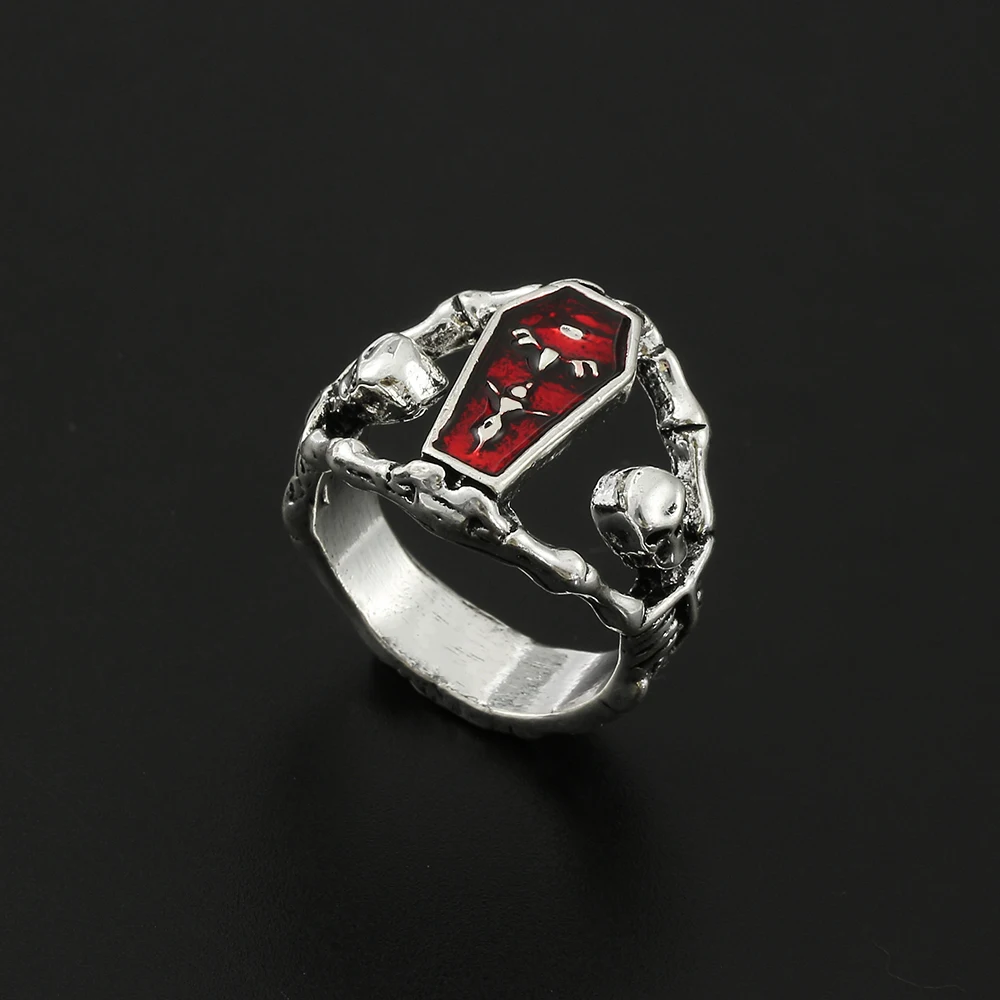 Vintage Punk Skull Engagement Ring for Men Hip Hop Fashion Red Enamel Plated Silver Color Jewelry for Women