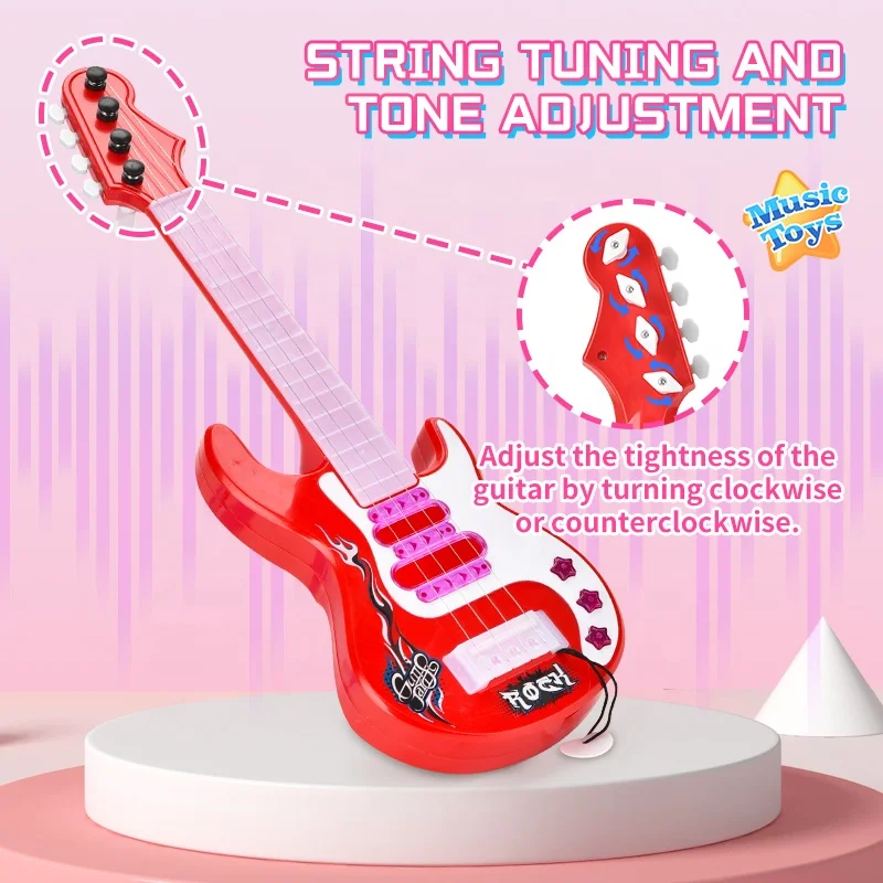 2024 Kids new musical Electronic guitar toys simulate light music four string guitar Cartoon Music Learning instrument toys