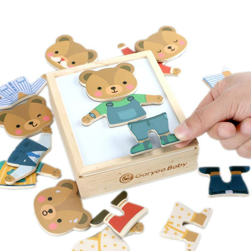 Wooden Montessori Dressing Toy 6 Kinds Of Clothes Magnetic Puzzle Occupation Bear Dress Changing Jigsaw Box Educational Kids Toy