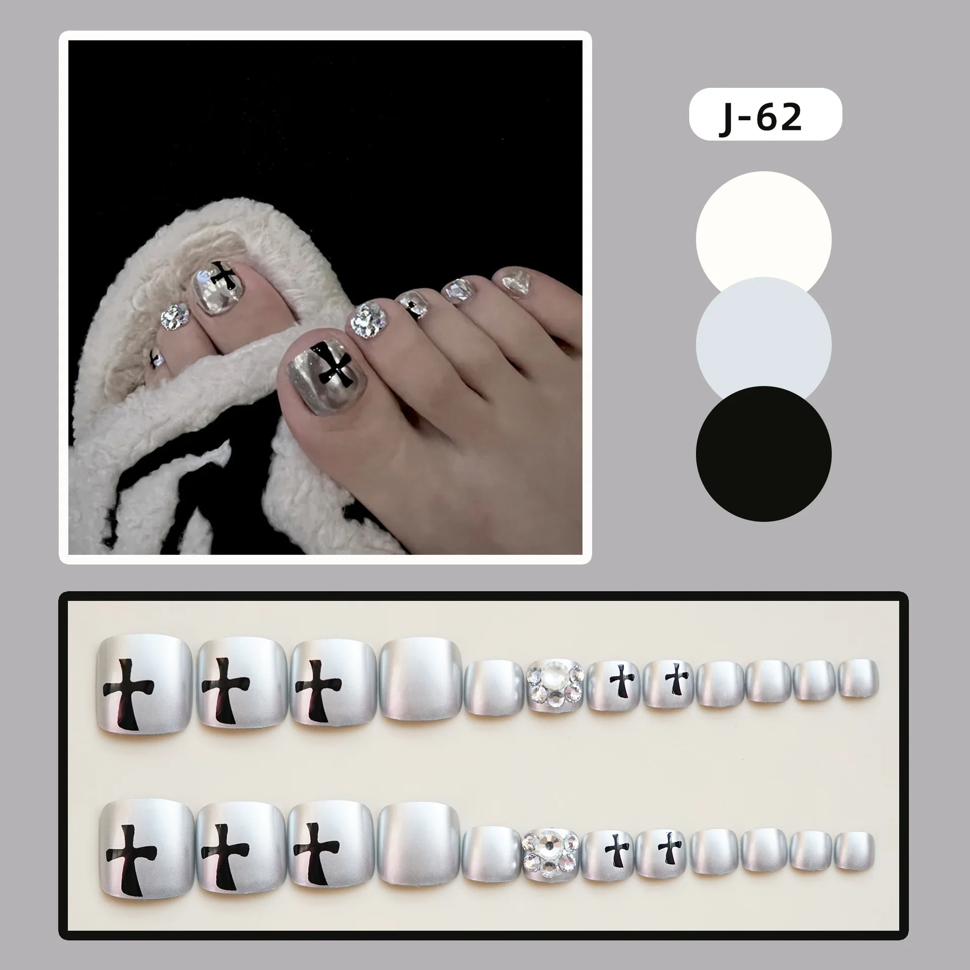 J61-80 Toenail Artificial Fingernail 80 Designs 24pcs Glitter French Pink Black Silver Cross Smily Face Luminius Toenails