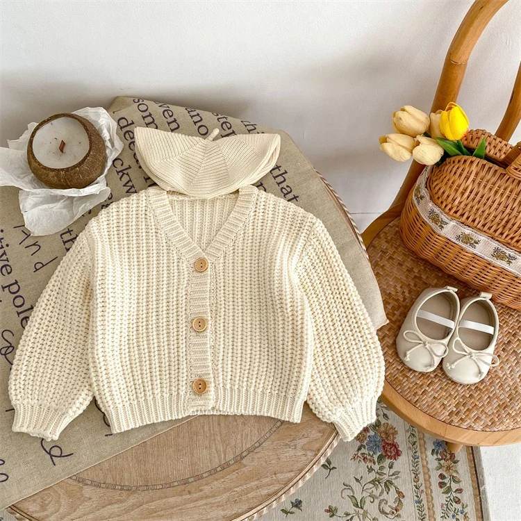 Spring Autumn Newborn Long Sleeve Boys Girls Knit Cardigan Comfortable Soft Thick Knit V-Neck Jacket Sweater for Unisex Babies