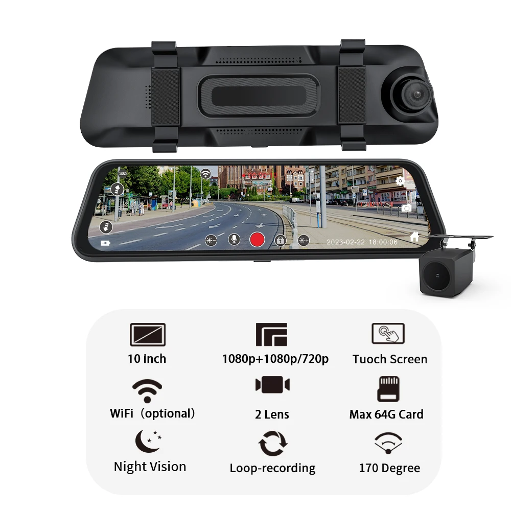 Dual Lens Car Camera 10' IPS Touch Screen Rearview Mirror Dash Cam Car DVR Camera