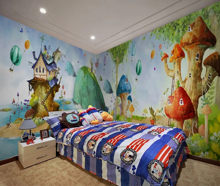 Painting fantasy forest animation wall mural whale house kids room wallpaper