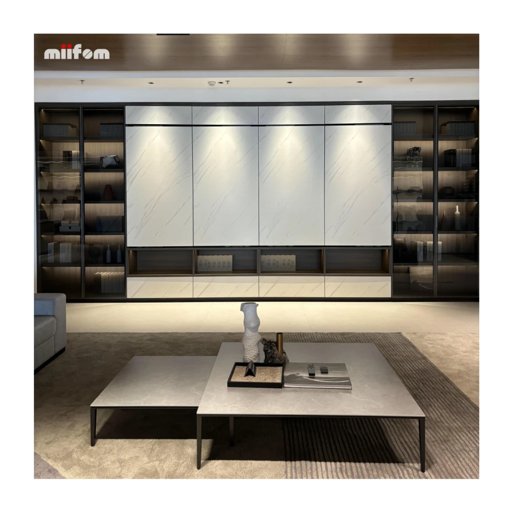 wave white slate door panel full wall TV cabinet with glass displayed cabinet and open area