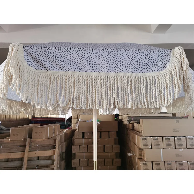 dia 200cm wooden pole garden parsol umbrella with tassels beach umbrella for outdoor parasol